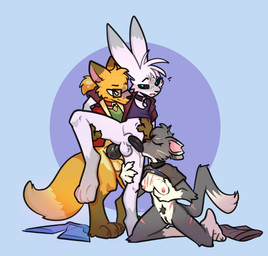 animal_genitalia animal_penis anthro areola balls black_sclera bottomless bottomless_anthro bottomless_female bottomless_male breasts brown_body brown_fur canine_genitalia canine_penis cheek_tuft clothed clothing collar erection eyewear facial_tuft fellatio female fur genitals glasses grey_body grey_fur half-closed_eyes hoodie humanoid_genitalia humanoid_penis humanoid_vulva knot looking_pleasured male male/female male/male narrowed_eyes nipples open_clothing open_hoodie open_topwear oral oral_penetration orange_body orange_fur penetration penile penis pink_areola pink_nipples pubes sex shirt simple_background smile tan_body tan_fur tank_top topwear tuft vulva white_body white_fur xing1 fei_(zephyr_lyall) raik_(zephyr_lyall) vilem_(zephyr_lyall) canid canine domestic_cat felid feline felis fox lagomorph leporid mammal rabbit hi_res