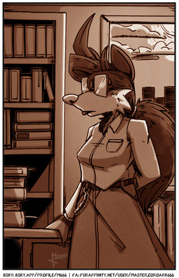 anthro belt biped bookshelf bottomwear brown_hair chain_accessory clothed clothing cloud eyewear fully_clothed furniture glasses hair horn inside long_hair ponytail shirt skirt solo standing topwear window masterzoroark666 mammal murid murine rat rodent digital_media_(artwork) monochrome portrait sepia three-quarter_portrait