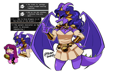 5_fingers anthro anthro_focus big_breasts black_clothing black_eyeshadow black_topwear black_vest blue_hair blush bracelet breasts claws cleavage clothed clothing dress duo eyeshadow female female_focus fingers green_body green_scales grin hair hand_on_hip horn jewelry looking_up makeup pink_body pink_scales pose purple_body purple_clothing purple_hair purple_horn purple_scales purple_sweater purple_topwear scales simple_background smile solo_focus spiked_bracelet spikes sweater text topwear vest white_background white_clothing white_dress wing_claws wings feverdoodles deltarune european_mythology mythology undertale_(series) how_to_draw_dragons susie_(deltarune) dragon lizard mythological_creature mythological_scalie reptile scalie western_dragon english_text hi_res