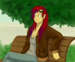 alternate_species bench blue_hair bottomwear clothing eyewear female goggles hair human_only humanized jacket multicolored_hair not_furry on_bench outside pants red_hair shirt solo topwear two_tone_hair yellow_eyes cartoonlion terrafirma human mammal grandfathered_content