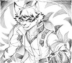 2023 absurd_res ahoge anthro armband athletic athletic_male belt big_tail clothed clothing dipstick_ears felid fingerless_gloves fist fur gloves greyscale grin hair handwear hi_res highlights_(coloring) inner_ear_fluff kay_(maxl8) looking_at_viewer male mammal markings monochrome multicolored_ears open_clothing open_topwear open_vest pantherine pltnm06ghost shirt short_hair smile solo striped_body striped_fur striped_markings striped_tail stripes tail tail_markings tiger topwear tuft vest