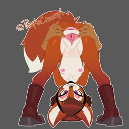 anthro anus ass_up bent_over boots breasts butt clothing downward_dog downward_dog_pose female footwear fur genitals hair headgear headwear looking_at_viewer nipples nude orange_body orange_fur presenting shoes simple_background smile solo spread_butt spreading tail teeth text vulva white_body white_fur kerotheklutz mouritzeen_(lenyavok) canid canine fox mammal 1:1 digital_media_(artwork) hi_res watermark