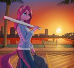 5_fingers anthro baseball_bat bat_(object) biped blood blood_on_weapon blue_eyes bodily_fluids bottomwear city cityscape clothing detailed_background dock_(anatomy) duffel_bag female fingers holding_baseball_bat looking_away outside palm_tree pants plant solo sunset sweater tail topwear tree weapon apocheck13 conditional_dnp friendship_is_magic hasbro my_little_pony pinkamena_(mlp) pinkamena_diane_pie pinkie_pie_(mlp) earth_pony equid equine horse mammal pony absurd_res hi_res signature