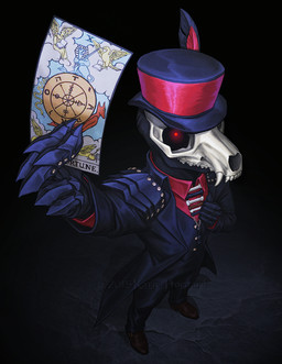 5_fingers bone bone_mask card clothed clothing fingers fortune_telling hat headgear headwear major_arcana mask skull skull_mask solo standing tarot tarot_card top_hat wheel_of_fortune_(tarot) katie_hofgard canid canine mammal 2015 digital_media_(artwork)