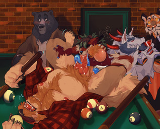 anal anal_penetration animal_genitalia animal_penis anthro anthro_on_anthro anthro_penetrated anthro_penetrating anthro_penetrating_anthro ball ball_tuft balls beard billiard_ball billiard_cue billiard_table blue_tongue blush body_hair bottomless bottomless_anthro bottomless_male canine_genitalia canine_penis chest_hair clothed clothing erection facial_hair fellatio fellatio_while_penetrating flannel_shirt fur furniture genitals group hat hat_over_eyes headgear headwear horn inside knot knotted_penis licking long_tongue male male/male male_anthro male_penetrated male_penetrating male_penetrating_male musclegut muscular muscular_anthro muscular_male nipples nude nude_anthro nude_male on_table open_mouth oral oral_while_penetrating overweight overweight_anthro overweight_male penetration penile penile_penetration penis penis_in_ass penis_lick prehensile_tongue pubes public red_clothing red_shirt red_topwear sex sheath shirt spread_legs spreading striped_body striped_fur stripes table tail teeth tongue tongue_out tongue_out_fellatio tongue_wrapped_around_penis tonguejob topwear tuft likanen mythology bear canid canine canis dragon felid fox mammal mythological_creature mythological_scalie pantherine scalie tiger wolf 2024 hi_res