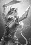 anthro clothed clothing ear_piercing female holding_melee_weapon holding_object holding_sword holding_weapon melee_weapon piercing solo sword weapon pechschwinge mammal murid murine rat rodent digital_media_(artwork) monochrome