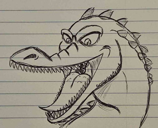 anthro big_uvula duo hanging_from_uvula male open_mouth scales sharp_teeth teeth tongue uvula gencario blue_sky_studios ice_age_(series) nintendo pokemon fan_character rudy_(ice_age) baryonyx dinosaur generation_4_pokemon lucario pokemon_(species) prehistoric_species reptile saurischian scalie spinosaurid theropod sketch