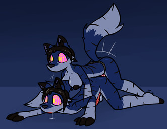 all_fours anthro anthro_on_anthro anthro_penetrated anthro_penetrating anthro_penetrating_anthro ass_up big_breasts black_body black_fur black_hair black_inner_ear_fluff black_nipples black_nose black_stripes blue_background blue_body blue_fur blue_inner_ear blush bodily_fluids breast_squish breasts doggystyle drooling duo feet female female_penetrating female_penetrating_male fingerless_(marking) from_behind_position fur hair inner_ear_fluff intraspecies male male/female male_penetrated motion_lines nipples open_mouth penetration pink_eyes pink_pupils pupils saliva saliva_string selfcest sex simple_background spiral spiral_eyes square_crossover squish strapon striped_body striped_fur stripes thrusting toeless_(marking) tuft yellow_eyes ultilix alpha_(vuxorem) canid canine canis mammal wolf 2026 hi_res