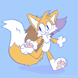 2_tails 3_toes 4_fingers anthro black_nose blue_background blue_eyes blush blush_lines cheek_tuft chest_tuft closed_smile countershading dipstick_tail facial_tuft feet fingers fluffy fluffy_tail fur male markings mouth_closed multi_tail multicolored_body multicolored_fur nude pawpads paws pink_pawpads plantigrade simple_background smile soles solo tail tail_markings text toes tuft white_body white_fur white_inner_ear white_paws yellow_body yellow_fur norwegianfennec sega sonic_the_hedgehog_(series) miles_prower canid canine fox mammal 1:1 2025 artist_name hi_res