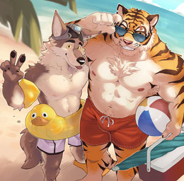 abs anthro areola armpit_tuft ball barefoot beach beach_ball beach_umbrella belly_tuft biceps big_muscles blep body_hair chest_tuft claws clothed clothing container cooler day duo ear_piercing ear_ring eyebrows eyewear feet flotation_device fluffy fluffy_chest footwear fur gesture hand_gesture hat headgear headwear high-angle_view holding_ball holding_container holding_object inflatable looking_at_viewer male muscular muscular_anthro muscular_male navel nipples notched_ear outside palm_tree parasol pecs piercing plant ring_piercing sand scar smile standing summer sunglasses swim_ring swimming_fins swimming_trunks swimwear teeth tongue tongue_out topless topless_anthro topless_male tree tuft v_sign water whiskers its_stardog epic_games fortnite oscar_(fortnite) wendell_(fortnite) canid canine canis felid mammal pantherine tiger wolf 2025 absurd_res hi_res