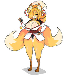 2_tails :3 anthro big_breasts black_clothing black_panties black_underwear breasts brown_body brown_fur brown_hair cleavage clothed clothing eyes_closed female fur glistening glistening_body glistening_fur hair multi_tail open_:3 panties smile solo standing tail thick_thighs topwear underwear white_clothing white_topwear wide_hips salchikokokoko canid canine fox mammal 1:1 hi_res