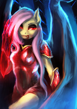 anthro anthrofied armor bat_wings blood bodily_fluids female fur hair half-closed_eyes long_hair looking_at_viewer membrane_(anatomy) membranous_wings narrowed_eyes pink_hair red_eyes solo wings yellow_body yellow_fur elkaart friendship_is_magic hasbro my_little_pony flutterbat_(mlp) fluttershy_(mlp) bat bat_pony equid hybrid mammal vampire 2014 hi_res