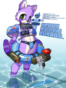 anthro briefs bulge clothing countershade_legs countershade_thighs countershade_torso countershading detailed_bulge fur genital_outline gloves_(marking) kemono leg_markings male markings penis_outline purple_body purple_fur socks_(marking) solo swim_ring underwear water white_body white_fur young young_anthro young_male kaitou mammal procyonid raccoon 2015 3:4 hi_res japanese_description