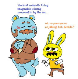 anthro belly blue_body blush chibi clothing duo eyes_closed facial_hair male male/male mustache shirt simple_background slightly_chubby text topwear white_background yellow_body cubert animal_crossing nintendo beardo_(animal_crossing) gaston_(animal_crossing) bear lagomorph leporid mammal rabbit 2020 english_text