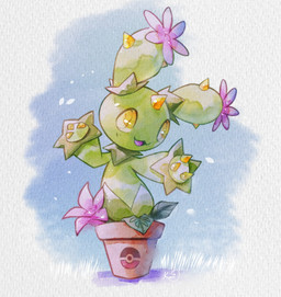ambiguous_gender flower flower_(anatomy) green_body open_:3 open_mouth plant plant_pot simple_background solo tongue yellow_eyes yellow_sclera koriarredondo nintendo pokemon elemental_creature flora_fauna generation_5_pokemon maractus pokemon_(species) 2026 hi_res signature