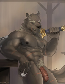 anthro black_nipples container cup drinking_glass fangs flaccid genitals glass glass_container glass_cup humanoid_genitalia humanoid_penis male melee_weapon muscular muscular_male nipples penis pubes scar solo sword teeth weapon bublelery elden_ring fromsoftware blaidd_(elden_ring) canid canine canis mammal wolf absurd_res hi_res