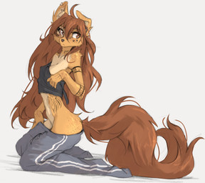 anthro biped breasts butt countershade_torso countershading female fingers fur hair kneeling side_view simple_background skinny_anthro skinny_female solo tail tattoo white_background tinygaypirate apogee_(tinygaypirate) canid canine canis domestic_dog mammal 2026 absurd_res digital_drawing_(artwork) digital_media_(artwork) hi_res