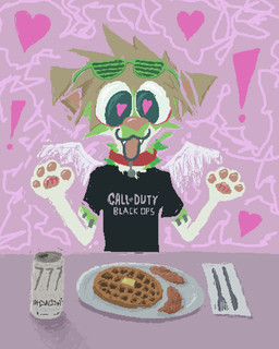 anthro beverage black_clothing black_shirt black_t-shirt black_topwear brown_body brown_fur button_ears clothing collar cutlery energy_drink feathered_wings feathers floppy_ears food fork fur furniture kitchen_utensils male open_mouth open_smile plate red_collar shirt smile solo t-shirt table tools topwear waffle wings demensa call_of_duty:_black_ops monster_energy canid canine canis domestic_dog mammal 2024 4:5 hi_res