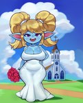 biped blonde_hair blue_body breasts church clothed clothing dress eyelashes female hair hi_res jewelry league_of_legends looking_at_viewer nebssik necklace not_furry open_mouth poppy_(lol) pupils riot_games smile solo tencent thick_thighs wedding_dress white_clothing white_dress wide_hips yordle