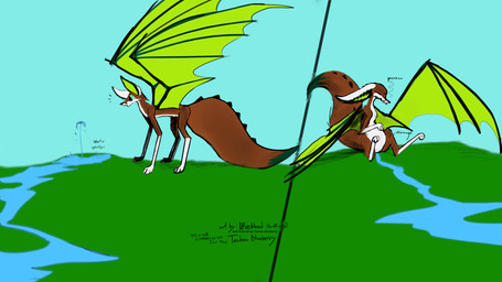belly big_ears blue_eyes brown_body dipstick_tail dorsal_ridge facial_markings feral fox-dragon gradient_eyes green_eyes green_facial_markings green_inner_ear green_tail_tip green_wings grey_nose grey_pawpads head_markings inflation liquid_inflation male markings muzzle_(marking) orange_body pawpads satisfied solo surprised tail tail_markings tail_ridge text two_panel_image water_inflation water_spring water_stream white_belly white_body white_ears white_legs white_paws wings l0veblood mythology techno_blueberry canid canine dragon fox hybrid mammal mythological_creature mythological_scalie scalie 16:9 hi_res widescreen