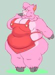 anthro apron apron_only blush breasts cleavage clothed clothing eyelashes female fur hooves obese overweight overweight_anthro overweight_female pink_body pink_fur simple_background smile solo standing three-quarter_view bee-unit animal_crossing nintendo reese_(animal_crossing) alpaca camelid mammal 2023 absurd_res digital_media_(artwork) full-length_portrait hi_res portrait