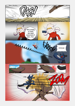 7_panel_comic anthro black_text blue_body blue_fur brown_body claws cloud day dialogue dodging ellipsis exclamation_point eyebrows female fur group kick male motion_lines open_mouth open_smile outside purple_eyes red_body red_eyes red_fur sky smile sound_effects speech_bubble talking_to_another text throwing_character tongue white_body white_fur white_sclera white_text novaarts nintendo pokemon pokemon_mystery_dungeon spike_chunsoft hopps_(novaarts) lu_(novaarts) canid canine generation_4_pokemon generation_8_pokemon lagomorph mammal pokemon_(species) raboot riolu 2025 absurd_res comic digital_drawing_(artwork) digital_media_(artwork) english_text hi_res