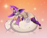 anthro belly big_belly blue_eyes clothing female gold_clothing hat headgear headwear long_tail magic_user purple_clothing purple_hat purple_headwear solo tail vore witch cmitchell canid canine canis fox ghost mammal spirit wolf hi_res