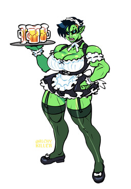 alcohol barmaid beer beverage breasts cleavage clothed clothing container cup female garter_straps green_body green_skin hair humanoid_pointy_ears legwear maid_uniform mug muscular muscular_female not_furry pointy_ears serving_tray short_hair simple_background solo stockings uniform white_background alchykiller direfang_gako_(alchykiller) humanoid orc 2022 absurd_res hi_res