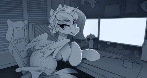 computer cutie_mark detailed_background electronics eyebrows eyelashes feathered_wings feathers female feral hooves horn smile solo wings yakovlev-vad friendship_is_magic hasbro my_little_pony mythology princess_luna_(mlp) equid equine mammal mythological_creature mythological_equine winged_unicorn 2020 digital_media_(artwork) hi_res monochrome