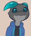 anthro black_sclera blue_eyes clothing grey_body hoodie horn looking_at_viewer male smile solo topwear milachu92 side_b kobold reptile scalie half-length_portrait portrait