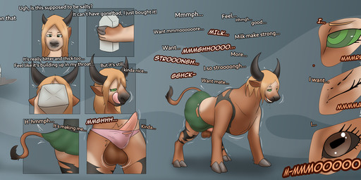 animal_genitalia animal_penis balls blonde_hair bodily_fluids bovine_genitalia bovine_penis brown_balls brown_body brown_fur brown_sheath clothed clothing cloven_hooves confusion crossdressing crossdressing_male cum cumshot dialogue ejaculation erection erection_under_clothing feral fur genital_fluids genitals green_eyes growth hair hands-free hooves horn human_to_feral identity_death intelligence_loss licking licking_lips loss_of_speech male male_feral mid_transformation orgasm orgasm_from_transformation panties penis quadruped sheath simple_background snout solo species_transformation tail tail_growth tail_tenting text tongue tongue_out torn_clothing transformation transformation_sequence underwear unguligrade diethyl bovid bovine cattle human mammal absurd_res comic english_text hi_res