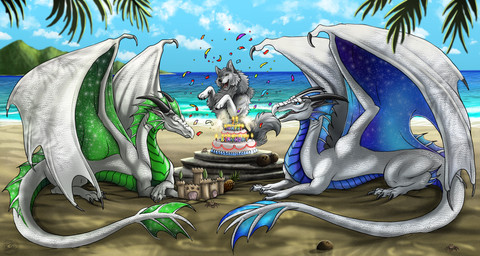beach birthday blue_body blue_eyes blue_scales cake claws dessert female feral fin food frill_(anatomy) green_body green_scales group horn intersex lights male membrane_(anatomy) membranous_frill membranous_wings outside party sand_castle scales sculpture sea smile surprised tail tail_fin text trio water white_body wings theradiantraven european_mythology mythology kappa_(kappamaster) ness_(xymor) xymor_(character) aquatic aquatic_dragon canid canine canis dragon mammal mythological_creature mythological_scalie scalie western_dragon wolf 2025 absurd_res digital_media_(artwork) english_text hi_res daughter_(lore) father_(lore) father_and_child_(lore) father_and_daughter_(lore) parent_(lore) parent_and_child_(lore) parent_and_daughter_(lore)