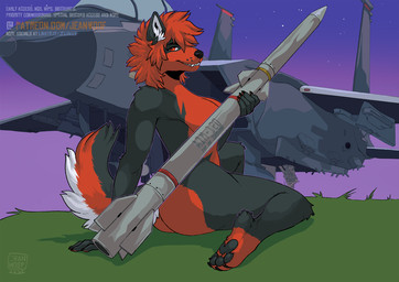 aircraft airplane anthro breasts female jet missile nude paws solo vehicle warhead jeanwoof caine canid mammal