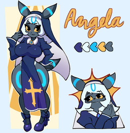 anthro anthrofied blue_body_markings blue_outfit breasts clothing color_swatch cross dark_lips fangs female footwear gem glistening hair headgear headwear heart_symbol high_heels jewelry light light_beam medium_breasts nun nun_outfit praying_hands religious_clothing religious_headwear religious_symbol shoes short_hair smile smiling_at_viewer solo sunbeam sunlight teeth thick_thighs white_hair yellow_cross yellow_eyes nupi nintendo pokemon angela_(nickzilla) eeveelution generation_2_pokemon mammal pokemon_(species) shiny_pokemon umbreon hi_res