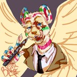 ambiguous_gender anthro blood blue_eyes bodily_fluids claws clothed clothing eyebrows facial_markings feathered_wings feathers finger_claws fur head_markings knife markings multicolored_markings necktie pawpads rainbow rainbow_markings sharp_teeth solo striped_body striped_fur stripes teeth tongue tongue_out wings bunannart drawfee_(copyright) neopets destielconfession_(karina_farek) candy_neopet felid kougra mammal neopet_(species) pantherine tiger 1:1 colored hi_res shaded