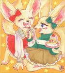 anthro cake clothed clothing dessert duo ear_ribbon feet female food pawpads paws soles toes sibaketsu canid canine fennec_fox fox mammal true_fox hi_res traditional_media_(artwork)