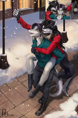 anthro biped boots bottomwear breasts claws clothed clothed_anthro clothed_female clothing duo electronics female fingers footwear front_view fully_clothed fully_clothed_anthro fully_clothed_female hair inner_ear_fluff jacket medium_breasts non-mammal_breasts outside pants phone shoes smile snow snowing standing tail teeth tongue topwear tuft winter elvofirida aquatic domestic_cat felid feline felis fish mammal shark 2026 digital_drawing_(artwork) digital_media_(artwork) hi_res