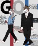 clothing duo footwear magazine male necktie shirt shoes suits tail text topwear enmapsycho discordnight canid canine canis mammal sergal wolf absurd_res english_text hi_res