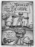 ambiguous_gender blood bodily_fluids dialogue europe group political_cartoon politics racism speech_bubble text shockley_(artist) demon english_text graphite_(artwork) greyscale monochrome traditional_media_(artwork)