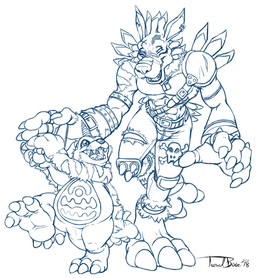 1_horn 3_toes 5_fingers abs ambiguous_anthro ambiguous_gender animal_skin anthro armor belt big_feet big_hands biped bottomwear claws clothed clothed_anthro clothed_male clothing dipstick_ears dog_tags duo ear_markings ear_piercing ear_ring eyebrow_scar eyebrows eyes_closed facial_markings facial_scar featureless_crotch feet finger_claws fingerless_gloves fingers front_view fur gloves hand_holding handwear happy head_markings horn humanoid_hands larger_anthro larger_male looking_up_at_another male male_anthro markings monotone_background multicolored_ears muscular muscular_anthro muscular_male open_mouth open_smile pants pauldron pecs piercing ring_piercing scar simple_background size_difference slightly_chubby slightly_chubby_ambiguous slightly_chubby_anthro smaller_ambiguous smaller_anthro smile smiling_at_another striped_arms striped_body striped_face striped_fur stripes tail teeth toe_claws toes tongue topless topless_anthro topless_male torn_bottomwear torn_clothing torn_pants walking white_background teaselbone bandai_namco digimon digimon_(species) gabumon weregarurumon 2018 blue_and_white digital_drawing_(artwork) digital_media_(artwork) full-length_portrait monochrome portrait signature