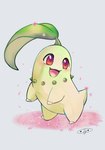 ambiguous_gender chikorita feral generation_2_pokemon green_body hi_res krystalstar70 nintendo open_mouth open_smile pokemon pokemon_(species) signature simple_background smile solo