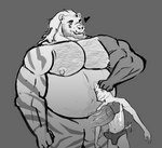 barazoku belly belly_hair bodily_fluids body_hair bulge clothing dominant genital_fluids hairy hairy_pecs leaking_precum musclegut muscular overweight pecs precum shoving size_difference skinny slightly_chubby tail tail_motion tailwag underwear felid mammal pantherine tiger hi_res