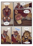 absurd_res aldrich_haynes_(thepurp) anthro balls bathrobe blake_(thepurp) blush border bottomless bottomless_male canid canine canis chest_tuft clothed clothing collar comic cum_on_paw dialogue dobermann domestic_dog dominant dominant_male duo embarrassed english_text feet felid flaccid foot_fetish foot_lick foot_play foreskin genitals hi_res humanoid_genitalia humanoid_penis jewelry kneeling licking lion male male/male mammal mane muscular muscular_male muscular_sub necklace pantherine pawpads penis pinscher robe submissive submissive_male text thepurp tongue tongue_out topwear tuft vest white_border