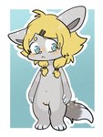 anthro blonde_hair blue_eyes blush female flat_chested fur genitals grey_body grey_fur hair looking_at_viewer navel nipples nude pussy solo standing young young_anthro cubcore canid canine canis mammal wolf hi_res