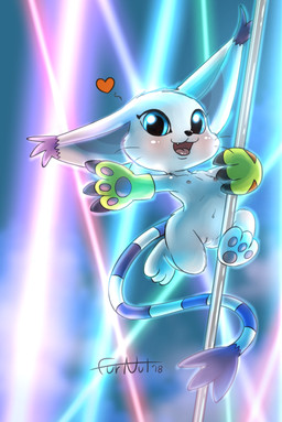 abstract_background blue_eyes claws clothing dancing female flat_chested fur genitals gloves handwear heart_reaction heart_symbol leg_around_pole looking_at_viewer mostly_nude nightclub open_mouth pole pole_dancing smile solo stripper_pole tail_around_pole vulva white_body white_fur furnut bandai_namco digimon digimon_(species) felid gatomon mammal 2018 hi_res