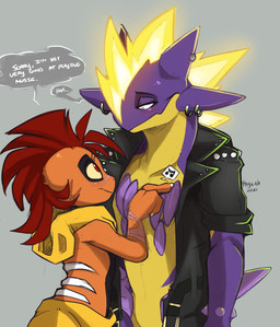 blush clothing dialogue duo ear_piercing ear_ring female jacket larger_male male piercing ring_piercing scar size_difference smaller_female text topwear conditional_dnp ebonychimera nintendo pokemon anna_(kayla-na) rudy_(kayla-na) amped_toxtricity generation_5_pokemon generation_8_pokemon pokemon_(species) scrafty toxtricity english_text hi_res
