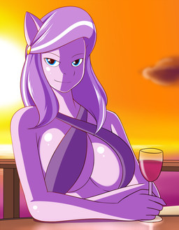 alcohol anthro anthrofied beverage big_breasts bikini blue_eyes breasts cleavage close-up clothed clothing cloud container cup drinking_glass female fur glass glass_container glass_cup hair half-closed_eyes holding_glass holding_object looking_at_viewer multicolored_hair narrowed_eyes one-piece_swimsuit outside pink_body pink_fur sea seaside sky sling_bikini smile solo sunset swimwear two-piece_swimsuit two_tone_hair water wine wine_glass marik_azemus34 friendship_is_magic hasbro my_little_pony diamond_tiara_(mlp) earth_pony equid equine horse mammal pony 2014