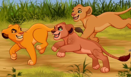 4_toes clenched_teeth feet female feral fur gaming grass green_eyes group male multicolored_body multicolored_fur open_mouth plant red_body red_eyes red_fur running savanna smile smiling_at_another smiling_at_each_other smirk spots tail tail_tuft teeth toes trio tuft young young_female young_male miuyki disney the_lion_king fan_character nala_(the_lion_king) simba_(the_lion_king) felid feline lion mammal pantherine absurd_res digital_drawing_(artwork) digital_media_(artwork) hi_res shaded