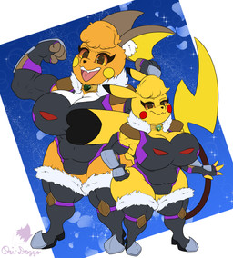 abs arm_guards armor biceps big_breasts big_muscles boots breasts clothing cosplay_pikachu_(costume) duo evolution evolutionary_stone female flexing flexing_bicep flexing_both_biceps flexing_muscles footwear fur_collar genitals huge_breasts huge_muscles huge_thighs jewelry knee_pads leather leather_armor legwear long_boots muscular muscular_female one-piece_swimsuit pendant shoes shoulder_pads steel_toed_boots swimwear tail thick_thighs thigh_boots thigh_highs thunder_stone conditional_dnp ori-doggo nintendo pokemon pikachu_libre volta_(ori-doggo) generation_1_pokemon pikachu pokemon_(species) raichu absurd_res hi_res