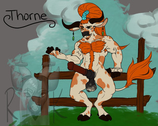 animal_genitalia anthro balls big_penis druid erection flared_penis fur genitals hair hooves horn looking_at_viewer magic_user male muscular nude penis saggy_balls sheath simple_background solo tail tribal_spellcaster ryukai thorne_(ryukai) bovid bovine cattle mammal digital_media_(artwork) flat_colors